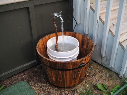 Completed Whiskey Five Gallon Fountain in a Whisky Barrel - Ready For Planting