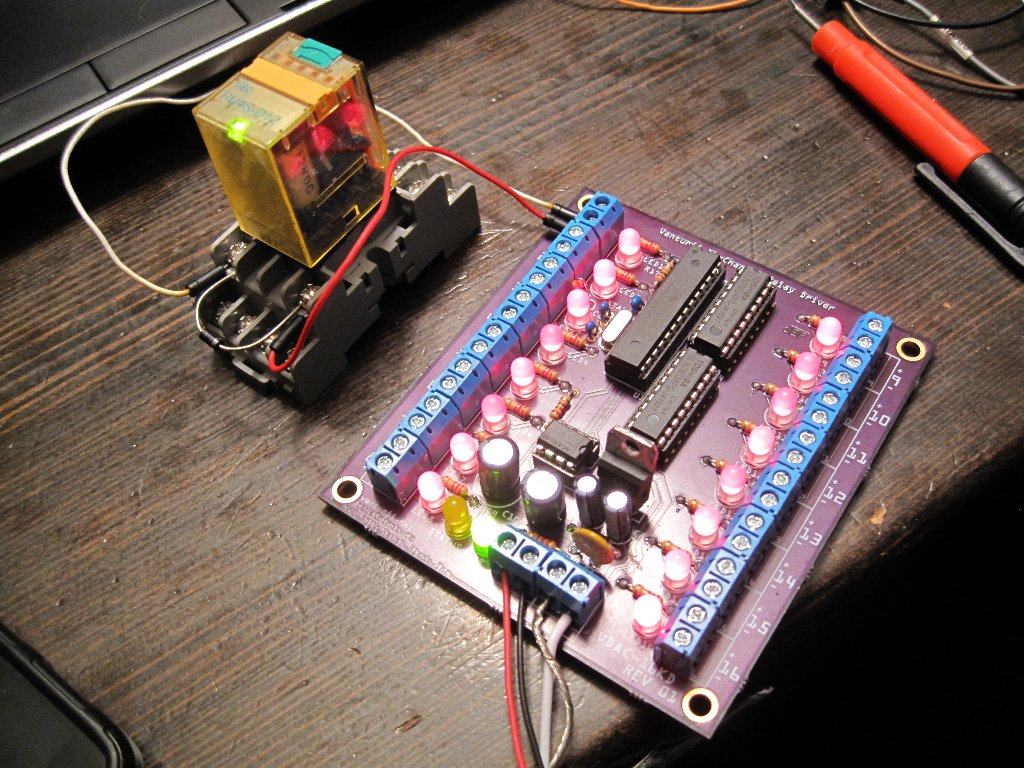 The very first Venturii PCB undergoes testing on the kitchen table, controlling a 12V DC 4 Pole, Double Throw "Ice Cube" style relay.
