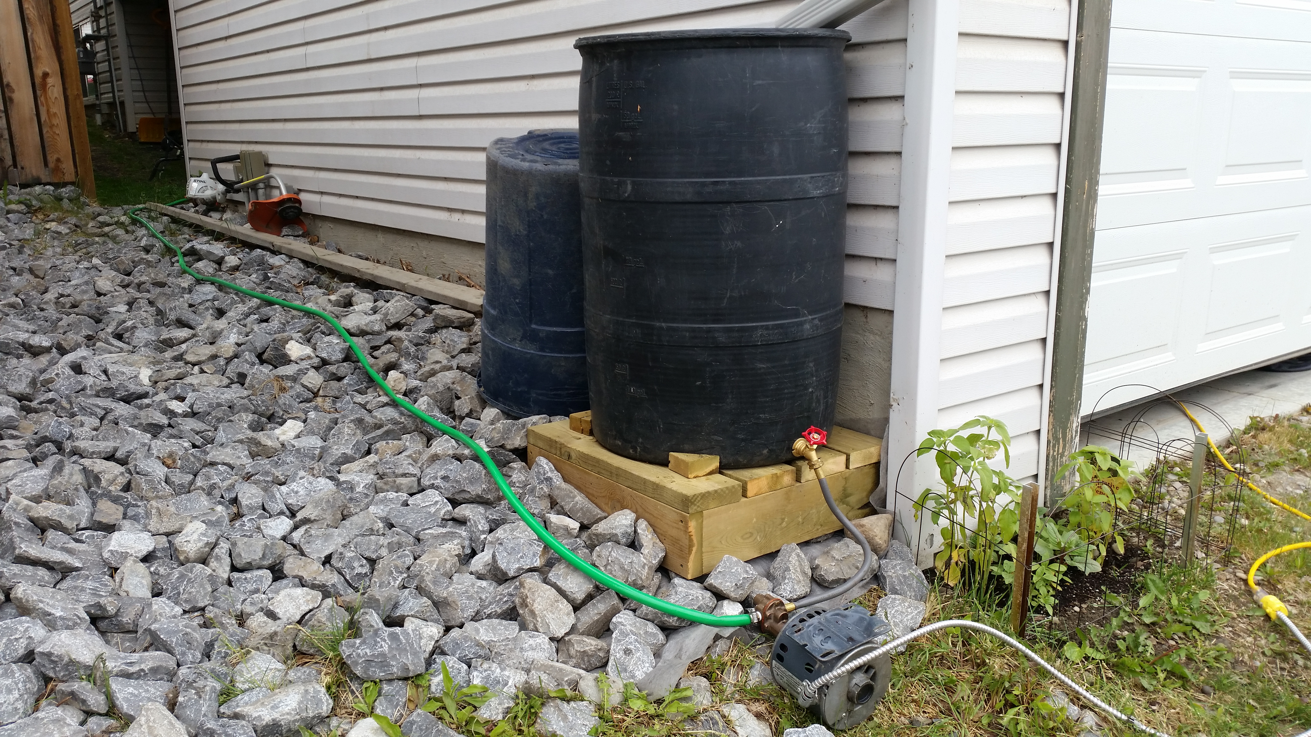 Using a small pump, we transferred the contents of the rain barrel under the down spout to other barrels stored under the deck.