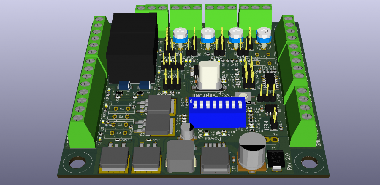 A 3D render in KiCad of the second revision of the Venturii VDAC MID-1 Interface board. 