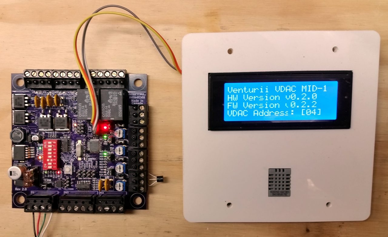 Venturii VDAC MID-1 Rev 2.0 PCB showing version info on LCD Display